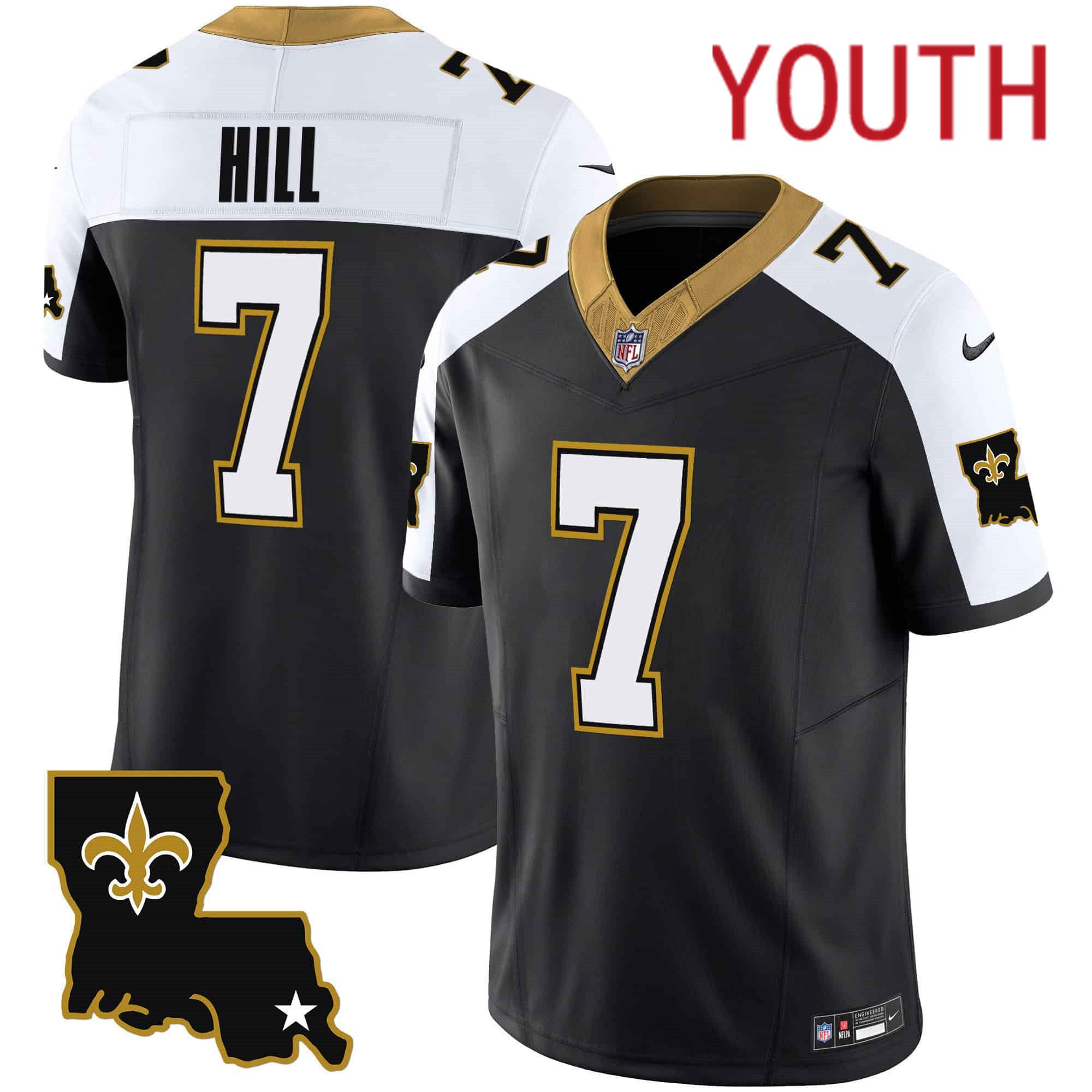 Youth New Orleans Saints #7 Hill Black 2024 Nike 1987 Legacy Vapor Limited NFL Jersey